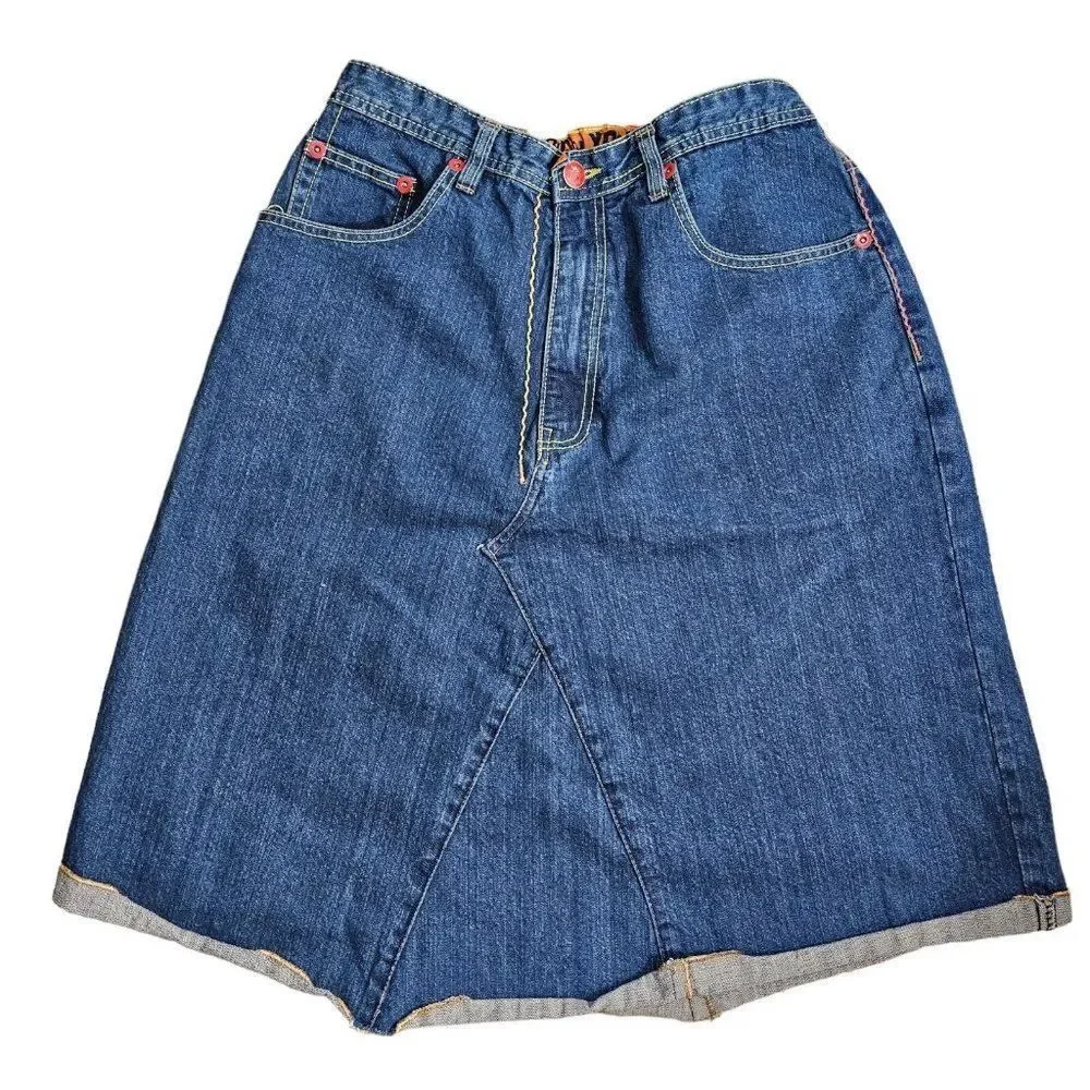 Vintage 90s Y2K Denim Skirt Womens Size XL Blue Jean Raw Hem Daisy Flowers